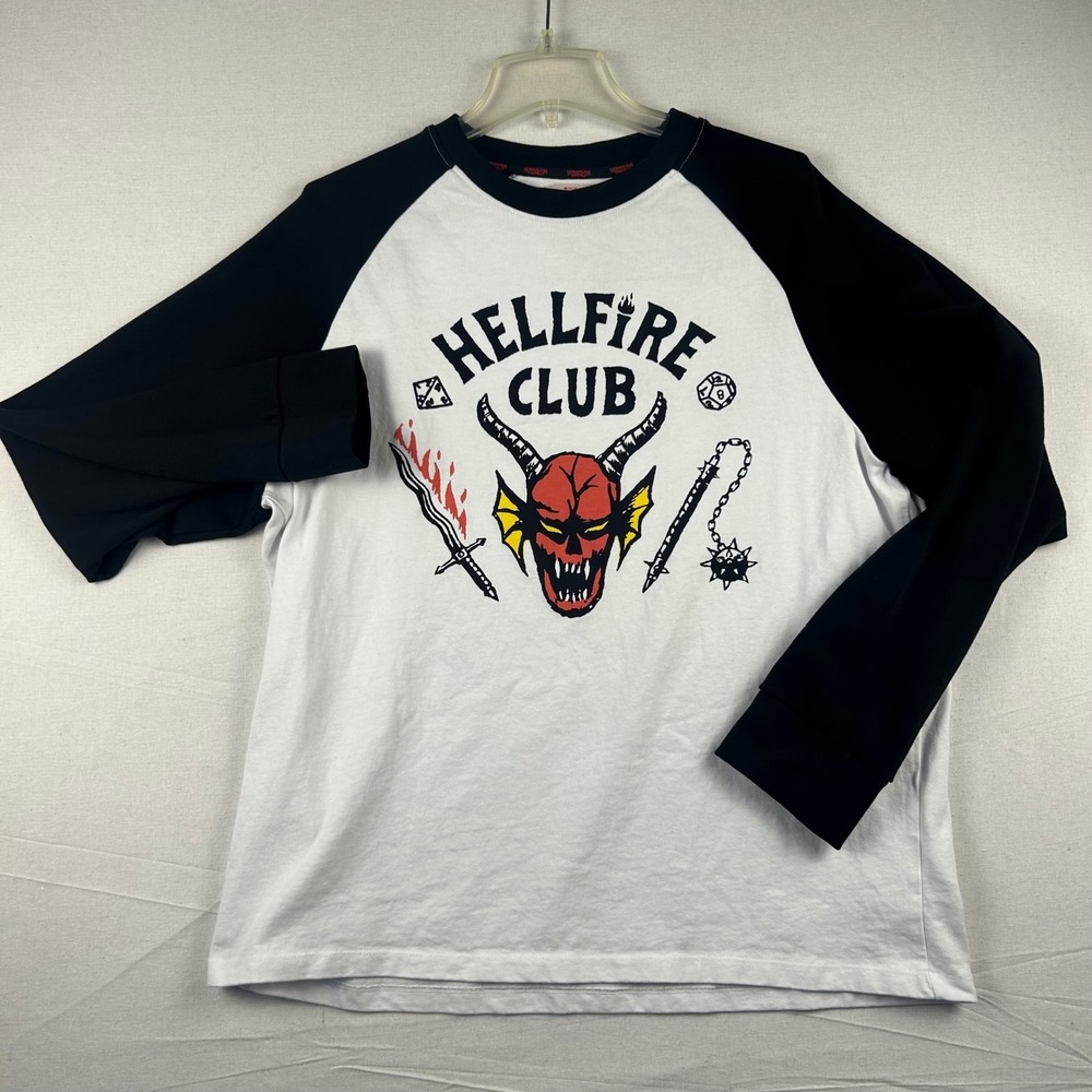 Netflix Stranger Things Hellfire Club Raglan Baseball Tee White Black Large